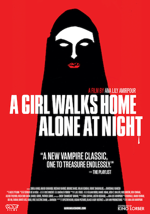 A Girl Walks Home Alone at Night poster, woman with red lips wearing a burqa