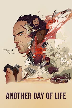 Another Day of Life film poster, man with camera, and other characters and events happening in background