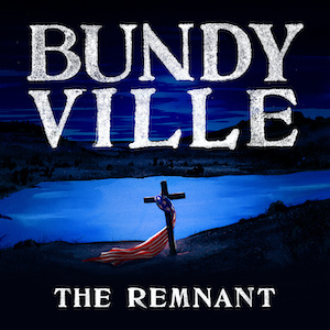 bundyville the remnant podcast cover, american flag tied to a gravestone cross