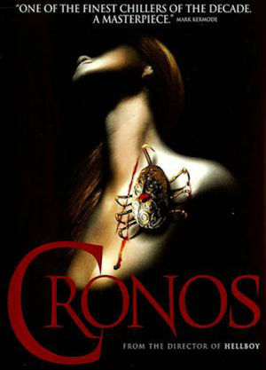 Cronos film poster, mechanical creature attacking a woman's bare neck