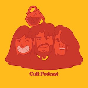 cult podcast, koolaid jar with x eyes being poured over three people