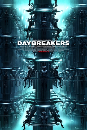 Daybreakers cover, endless rows of humans being held in machines