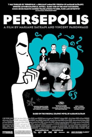 Persepolis film poster, girl in foreground and girl with family around couch in background