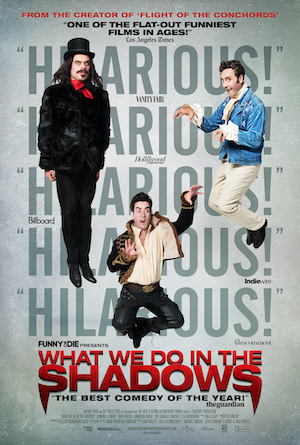 What We Do in the Shadows poster, vampires dressed in old clothing acting weird