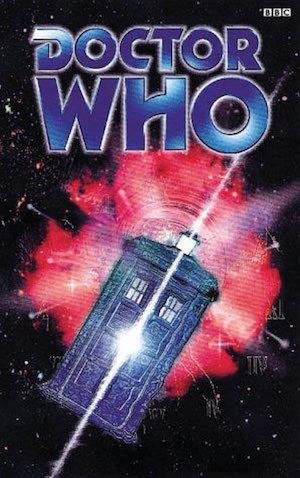old cover of doctor who, police box flying in space
