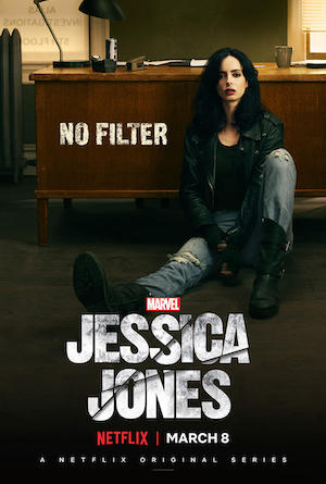 jessica jones poster, woman in ripped jeans and leather jacket sitting on floor against desk with words 'no filter' across image