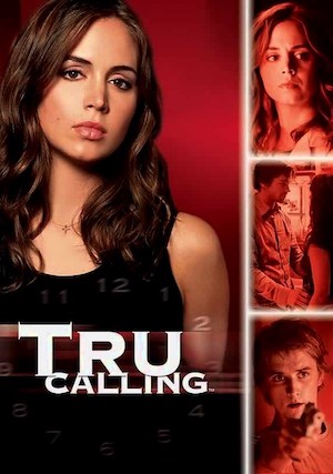 tru calling poster, woman looking forward, side panel shows man with gun