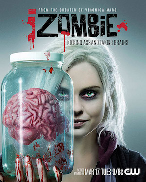 iZOMBiE promotional poster, woman with white hair and glowing eyes holding a jar with a brain in her bloody hands