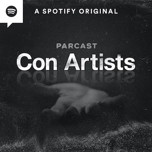 Con Artists podcast cover, empty hand reading out