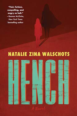 cover of hench, silhouette of woman walking with a shadow behind of her wearing a cape