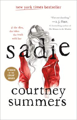 cover of sadie, illustration of young girl in a red hoodie with hair blowing across her face