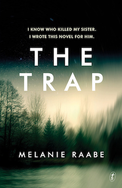 book cover of the trap, blurry scene of trees at night