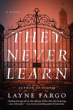 book cover of they never learn, large closed metal gatewith building in background obscured by red mist
