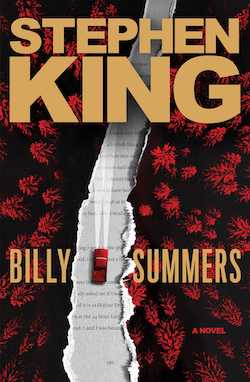 Cover of book Billy Summers by Stephen King, featuring a black and red floral cover that has been torn through from bottom to top and has a tiny red car with headlights driving along the gap in the tear through which we can see the text of the book inside